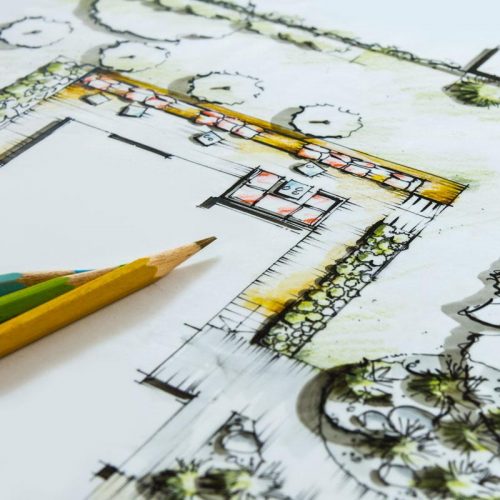 Landscape Architecture - Blueprint for a private Garten. Crayons and Pen lying on the Plan. Idea and Drawing is my own Work (Andreas Krappweis Private Gardens), Building, Ground and Garden is fictitious.
